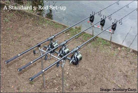 Carp Fishing Rods On Rod Pod On Wood Platform At Lake Stock Photo